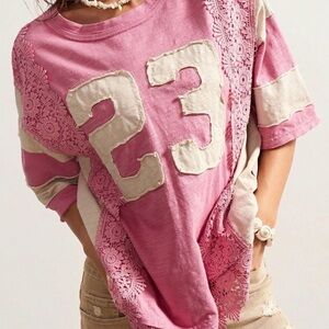 Pink and Cream Lace Detail Short Sleeve Tee